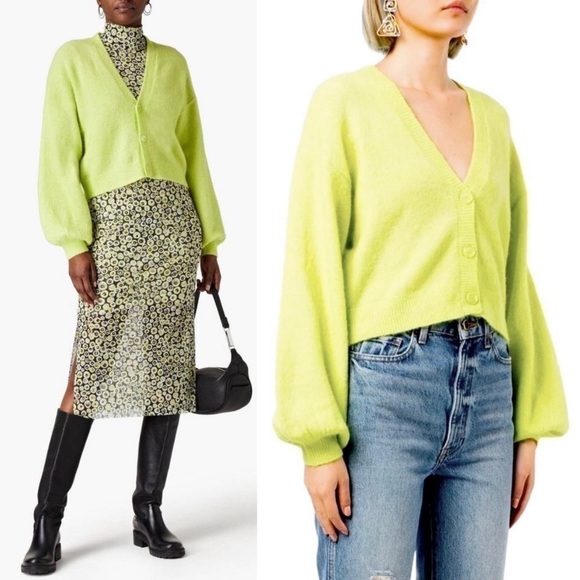 BAUM PFERDGARTEN 90s Alpaca Wool Puff Sleeve Oversized Crop Cardigan Sweater S - Picture 3 of 11